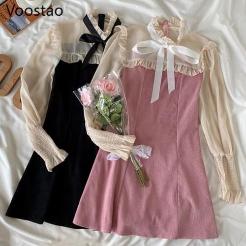 Spring Autumn Sweet Women Elegant Party Dress Preppy Style Chic Flare Sleeve O-Neck Lace-Up Mini Dress Girly Retro Slim Vestidos