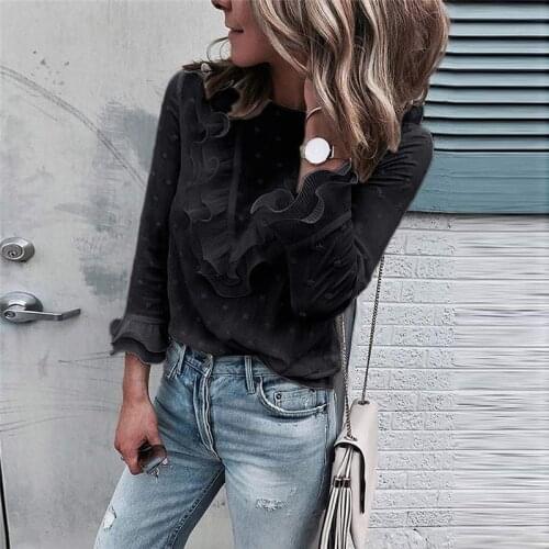 Fashion Summer Tee Shirt Women Long Sleeve Top Ruffle Black T-shirt 2019 Elegant Ladies Tops and Tees