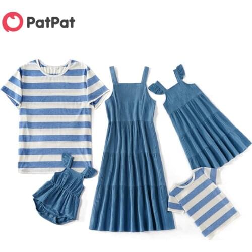 PatPat 2021 New Summer Mosaic Family Matching Azure 100% Cotton Tank Dresses and Stripe Splice T-shirts Family Look Sets