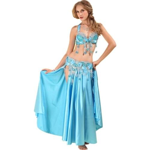 Stage Performance Women Dancewear Professiona 3pcs Outfit Bra Belt Skirt Long Oriental Beaded Belly Dance Costume