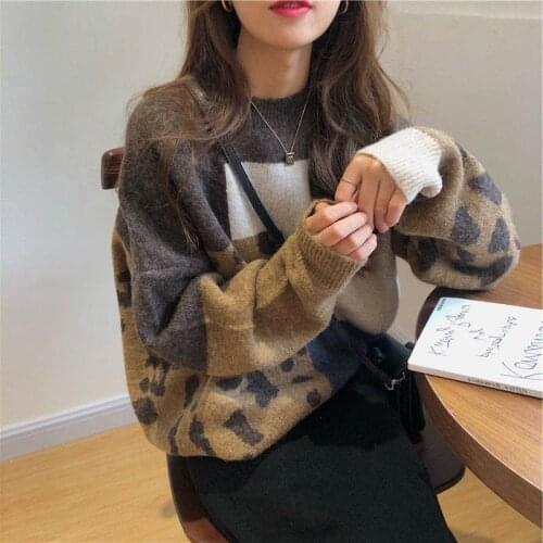 Sweater Women Vintage Leopard Pullover Patchwork Knitted Jumpers Korean Style Loose Tops Pull Jumpers Winter Cloth Women
