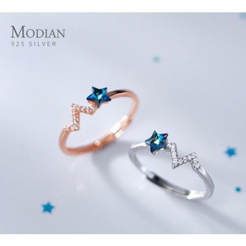 Modian Blue Crystal Star Ring 925 Sterling Silver Clear CZ Geometric Wave Open Adjustable Finger Ring for Women Fine Jewelry