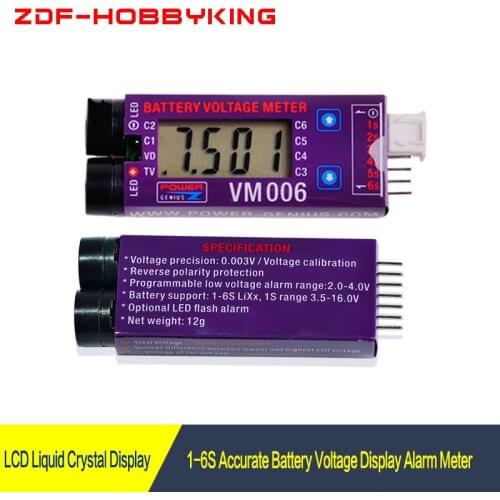 1pcs VM006 1-6S LiPo Battery Accurate Battery Voltage Meter LCD Liquid Crystal Display Alarm