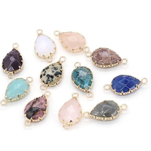 2Pcs New Natural Rose Quartz Amazonite Opal Amethyst Connector Exquisite Drop-Shaped Double-Hole Pendant for DIY Jewelry 14x28mm