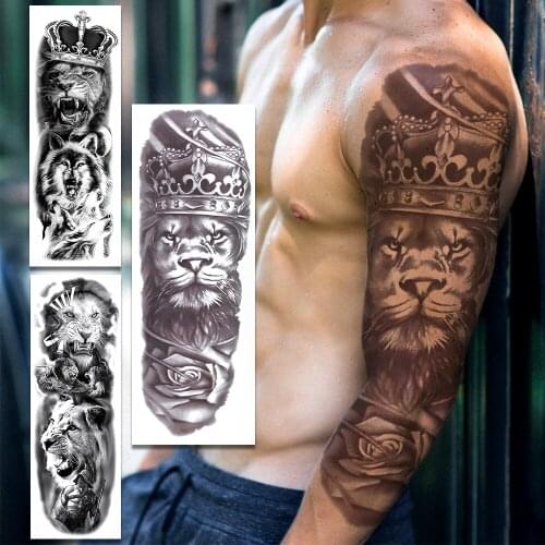3D Lion King Temporary Tattoo Sleeves For Men Women Adult Tiger Wolf Warrior Fake Tattoo Extra Large Full Arm Tatoos Paste