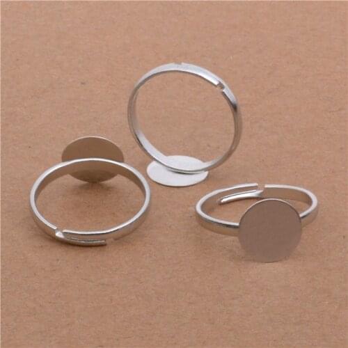40pcs/lot Rhodium Adjustable Ring Settings 10mm Round Pad Blank Base Trays Bezel for Cabochon Cameo DIY Fashion Rings Making