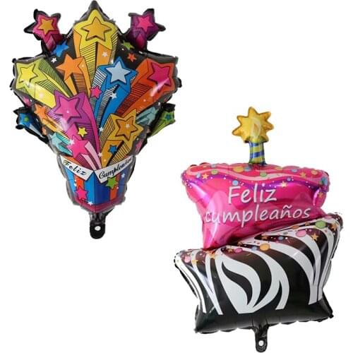 50Pcs Colorful Fireworks Cake Spanish Foil Balloons Happy Birthday Party Decoration Baby Shower Kids New Design Helium Globos