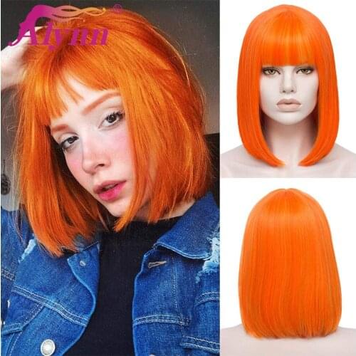 Alynn Short Straight Bob Wig Synthetic Fashion Orange Hair With Bangs Colorful Hair For Women Daily Cosplay Party Use