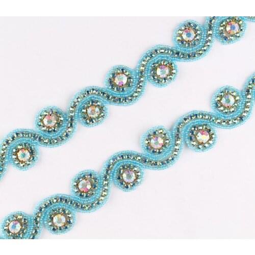 10Yard Artificial Sky Blue Series Rhinestone Applique Trim Luxury Hot Fix Beaded Crystal Trimming For DIY Girl Wedding Dress
