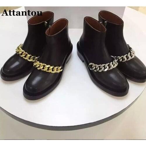 Attantou Fashion Women Black Real Leather Boots Lady Chains Boots Autumn Winter Female High Top Height Increasing Boots