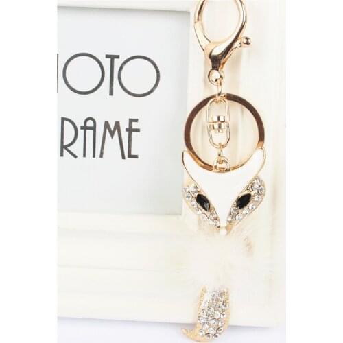 White Fox Feather Pendant Charm Rhinestone Crystal Keyring Key Chain for Handbag Purse Bag Wedding Carkey Gift