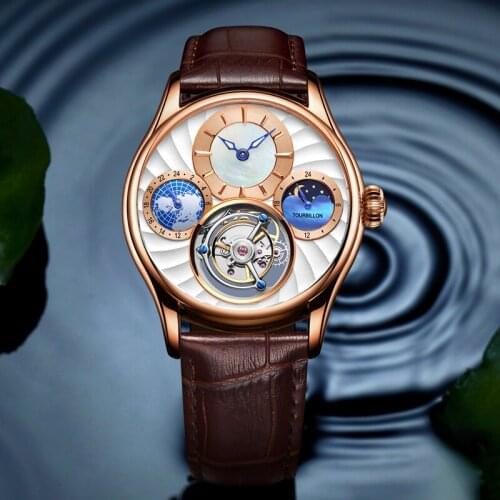 Top Luxury Moon Phase Real Tourbillon Mens Mechanical Watch Sapphire Dial Luminous Hands Multi-function Tourbillon Men Watch New