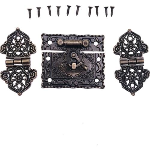 2x Antique Alloy Hollow Flower Door Butt Hinges + 1Pc Jewelry Wooden Box Case Toggle Hasp Latch Diy Vintage Hardware Accessories