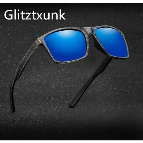 Glitztxunk Retro Polarized Sunglasses Women Men Imitation Wood Square Mirror Brand Design Sun Glasses Male Goggle UV400 oculos