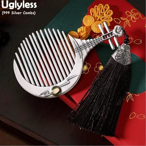 Uglyless Musical Instrument Lute Designer Lovely FAT Hair Combs for Women Real 999 Pure Silver Hair Decorations Health Care Gift