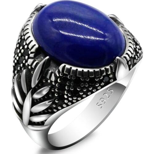 Black Men Ring 925 Sterling Silver Oval Natural Lapis Lazuli&Black CZ Rings Vintage Design for Male Women Antique Silver Jewelry
