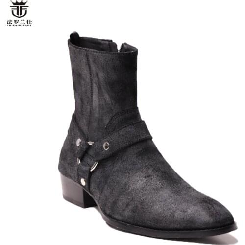 FR.LANCELOT 2020 old style men boots black suede leather boots metal rings real Leather ankle booties high top zip men boots