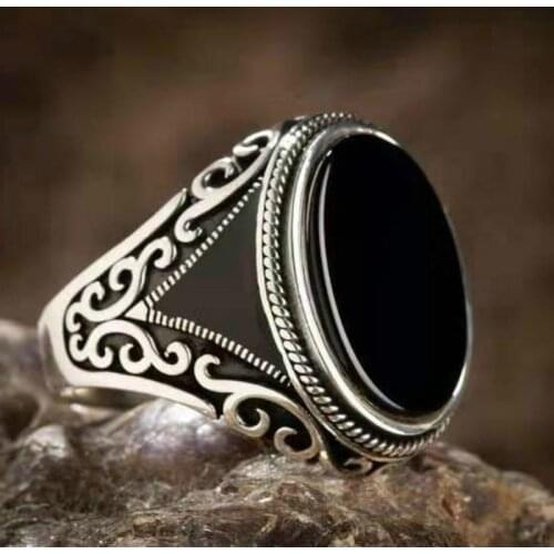 Mens Fashion Vintage Silver Carved Ring Natural Gemstone Black Agate Stone Ring Noble Gentleman Engagement Wedding ring