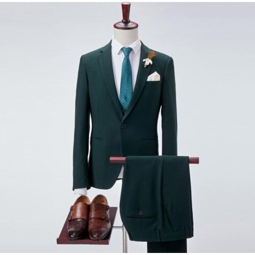 Nice Quality Notch Lapel Men Suits Two Pcs (Blazer+Pants) Homme Office Business Dark Green Groomsmen Suits 2020