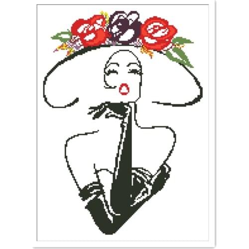 The lady cross stitch kit woman with flower hat 18ct 14ct 11ct white fabric cotton thread embroidery DIY handmade needlework