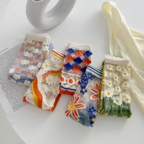 Socks Female spring and summer New products Glass stockings Floral Diamond-shaped Tube thin Socks card Stockings Lace Cute