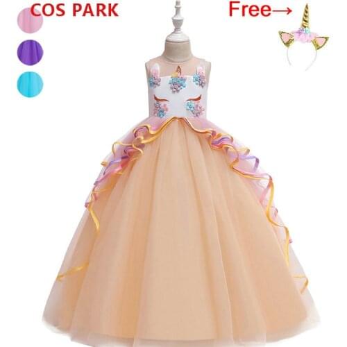 Unicorn Dress Baby Girl Rainbow Costume Birthday Party Halloween Colourful Princess Dress Mesh Yarn Lace Dress Cosplay Clothes