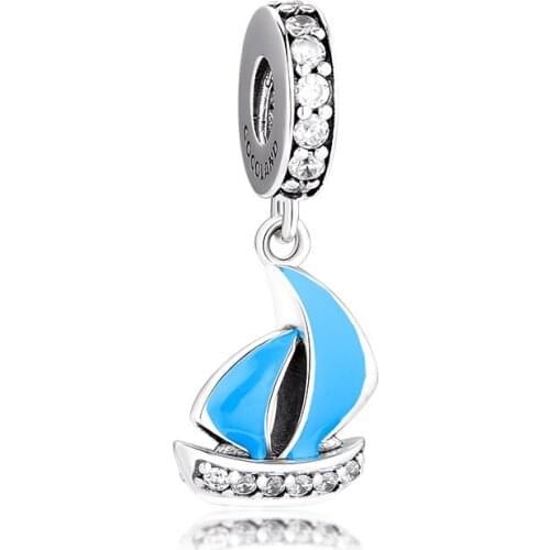 Fits for Pandora Charms Bracelets Gondola Beads with Blue Enamel & Clear CZ 100% 925 Sterling Silver Jewelry Free Shipping