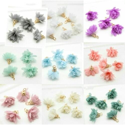 New 18mm 5pcs/lot Gauze Flower Tassel Pendants Small Pearl Beads Buckle for Earring Hair Keychain Garment Accessories