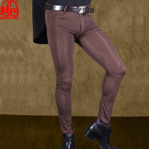 Sexy Men Transparent Pants Ice Silk See Through Elastic Tight Trousers Silky Pencil Pants Erotic Lingerie Club Gay Wear F90
