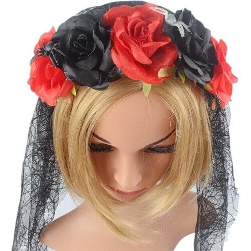 Sugarbay Day of The Dead Headband Bride Veil Fancy Dress Costume Halloween Accessories Women Spider Rose Flower Goth Crown