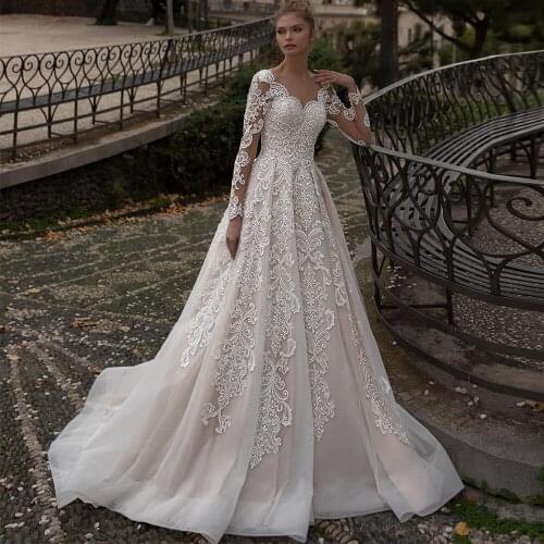 Elegant Lace Applique A Line Wedding Dresses Scoop Neck Long Sleeve Sweep Train Tulle Bridal Gowns Vestido de Novia