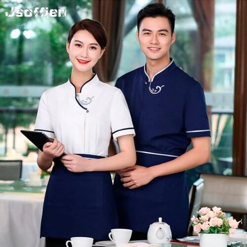 Catering Waiter Uniform Womens Summer Chinese Restaurant Waitress Unfiorm Hot Pot Food Service Staff Overalls Chef Jacket