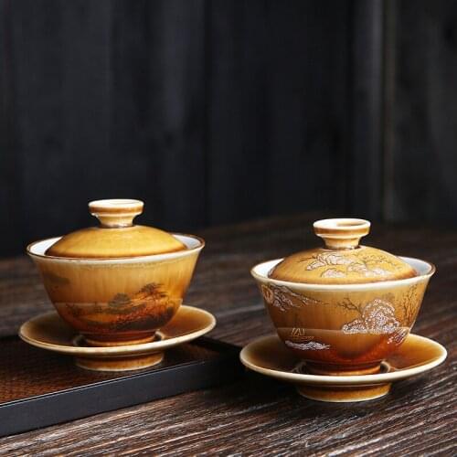 Vintage Tea Tureen Chinaware Tea Bowl Antique Kiln GaiwanPorcelain Painted Gold Landscape Cover Pigmented Ceramic
