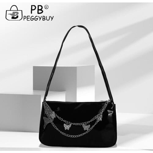 Vintage Women Bag Butterfly Chain Underarm Casual Solid Color Patent PU Purse Luxurious Vintage Small Shoulder Bag