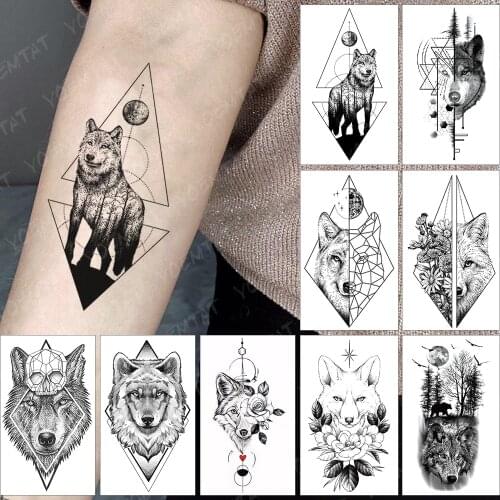 Waterproof Temporary Tattoo Sticker Triangle line wolf skull Forest Lion moon Flash Tatoo Fake Tatto For Body Art women Men