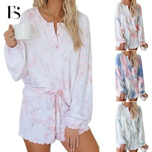 Female Casual Tie-dye Round Neck Cotton Women Pajama Long Sleeve Short Pants Sleepwear Four Season Night Suit 2 Pieces Homewear