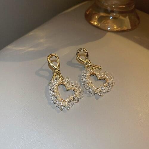 Origin Summer Korean Sweet Love Heart Dangle Earring for Women Girls Hollow Out Crystal Tie Metal Earring Jewellery Pendientes