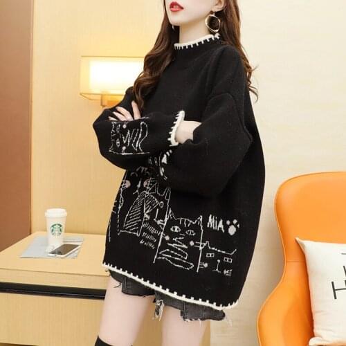 Half High Collar Cartoon Cat Embroidery Jacquard Women Knitted Pullover Sweater Winter Sweet Style Full Sleeve Girly Soft Top
