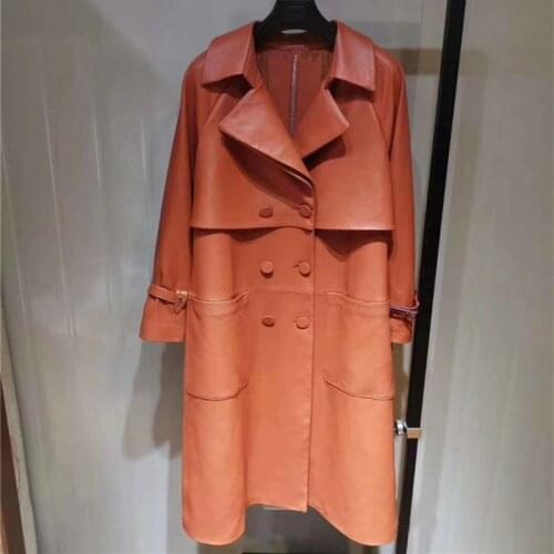 Real Sheepskin Coat Women Long Autumn Genuine Leather Jacket Solid Color Double Breasted Trench Female