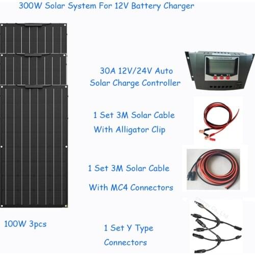 300w Solar System off Grid 3pcs 100w ETFE Flexible Solar Panel LCD 30A controller 3M solar cable battery cable 3M complete