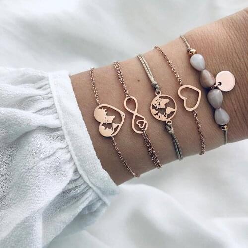 5 Pcs/Set Women Classic Heart Map Lucky 8 Beads Leather Gold Bracelet Set Beach Fashion Jewelry Accessories Valentine Gifts