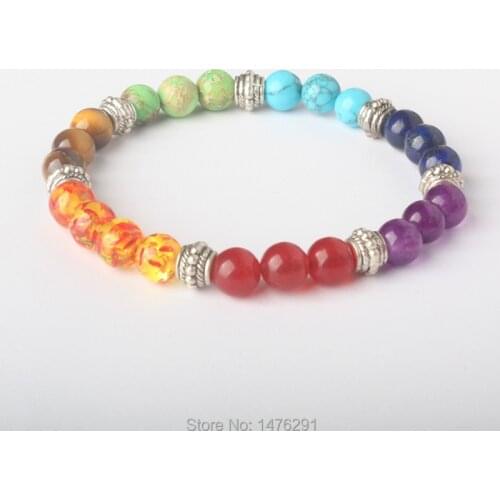 7 Chakra Elastic Bracelets Bangle Colors Mixed Healing Crystal Stone Chakra Pray Mala Tiger eye matte stone Bracelet 8MM