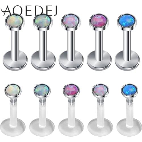 AOEDEJ 1PC 16G Bioplast Flexible Labret Lip Piercing Opal Stone Monroe Lip Ring Stainless Steel Ear Tragus Conch Helix Piercings
