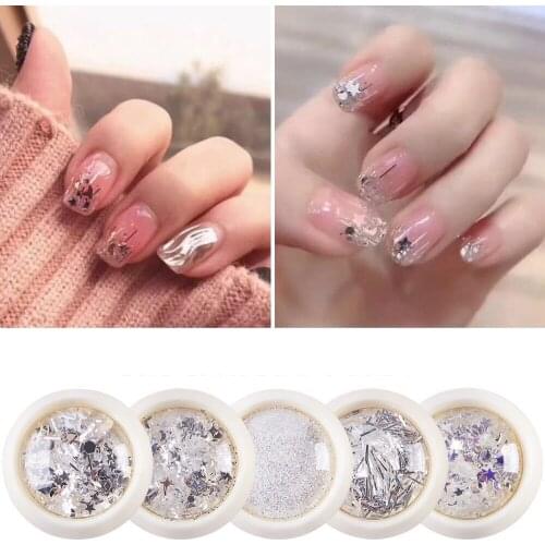 1 Box High Light Silver Nail Glitter Sequins Mix Stripe Star Round Paillette Flakes For Manicure Nail Art Gel Polish Tips