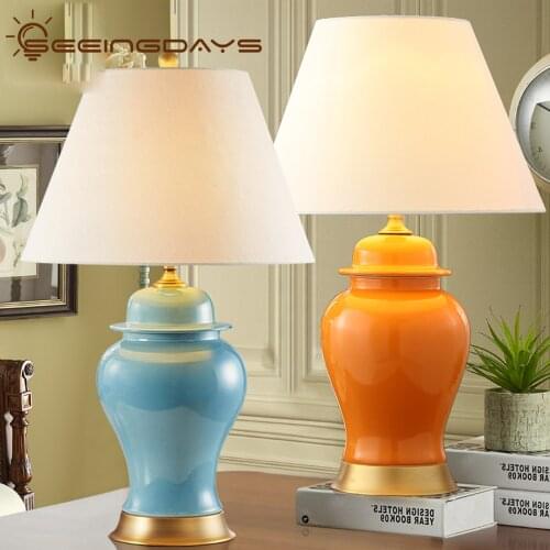Simple American Style Ceramic Table Lamp For Bedroom Bedside Lamp Living Room Orange Blue Green Style Indoor Lighting