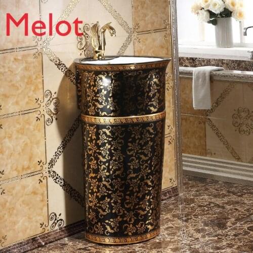 European-Style Classical Pedestal Basin Gold Column Basin Color Gold Column Basin Black Washbasin Wash Basin Noble and Gorgeou