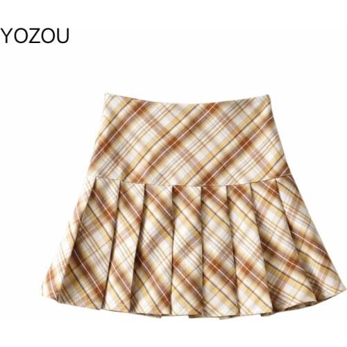 YOZOU Summer Women Vintage England Style High Waist Zipper Side Plaid Orange Blue Pleated Mini Skirts for Female YL-480