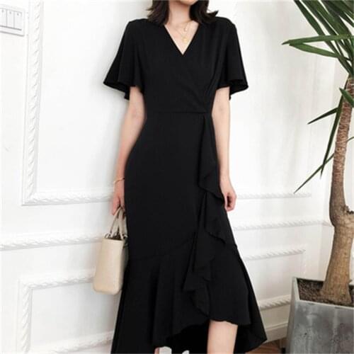 Fashion dress summer New high quality casual v-neck retro high waist chiffon irregular ruffle fishtail dress women dress