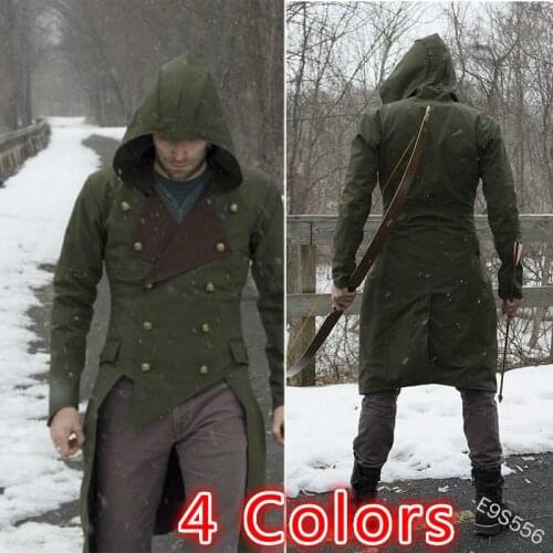 Mens Coat Long Jacket Gothic Steampunk Cloak Hooded Trench Halloween Costumes for men Cosplay Assassin Medieval costume S-5XL