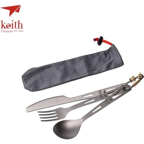 Keith 3 In 1 Titanium Spoon Fork Knife Cutlery Sets With Titanium Carabiner Camping Cutlery Outdoor Tableware Spork Ti5310 53g